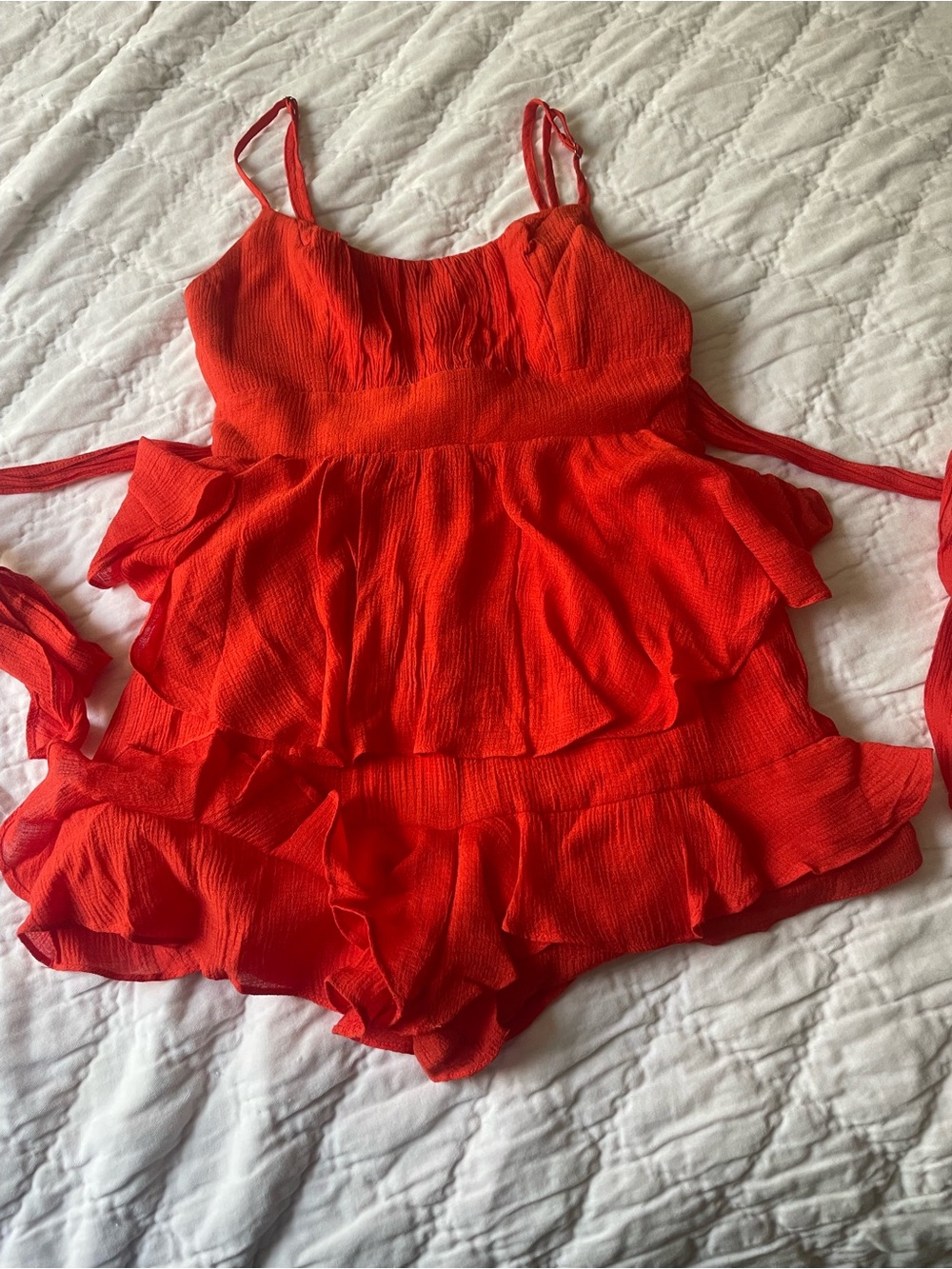 Red Ruffled Sleeveless Romper with Tie Waist